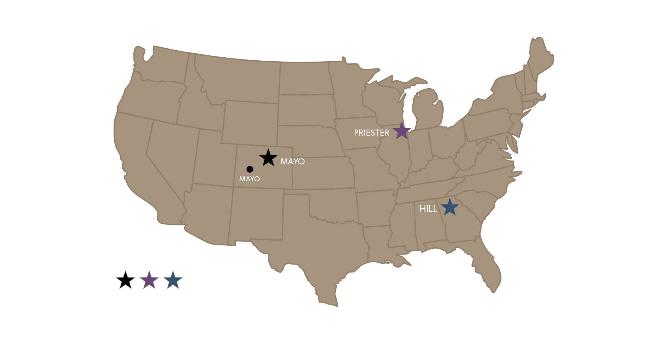 map of locations for Hill, Priester, and Mayo